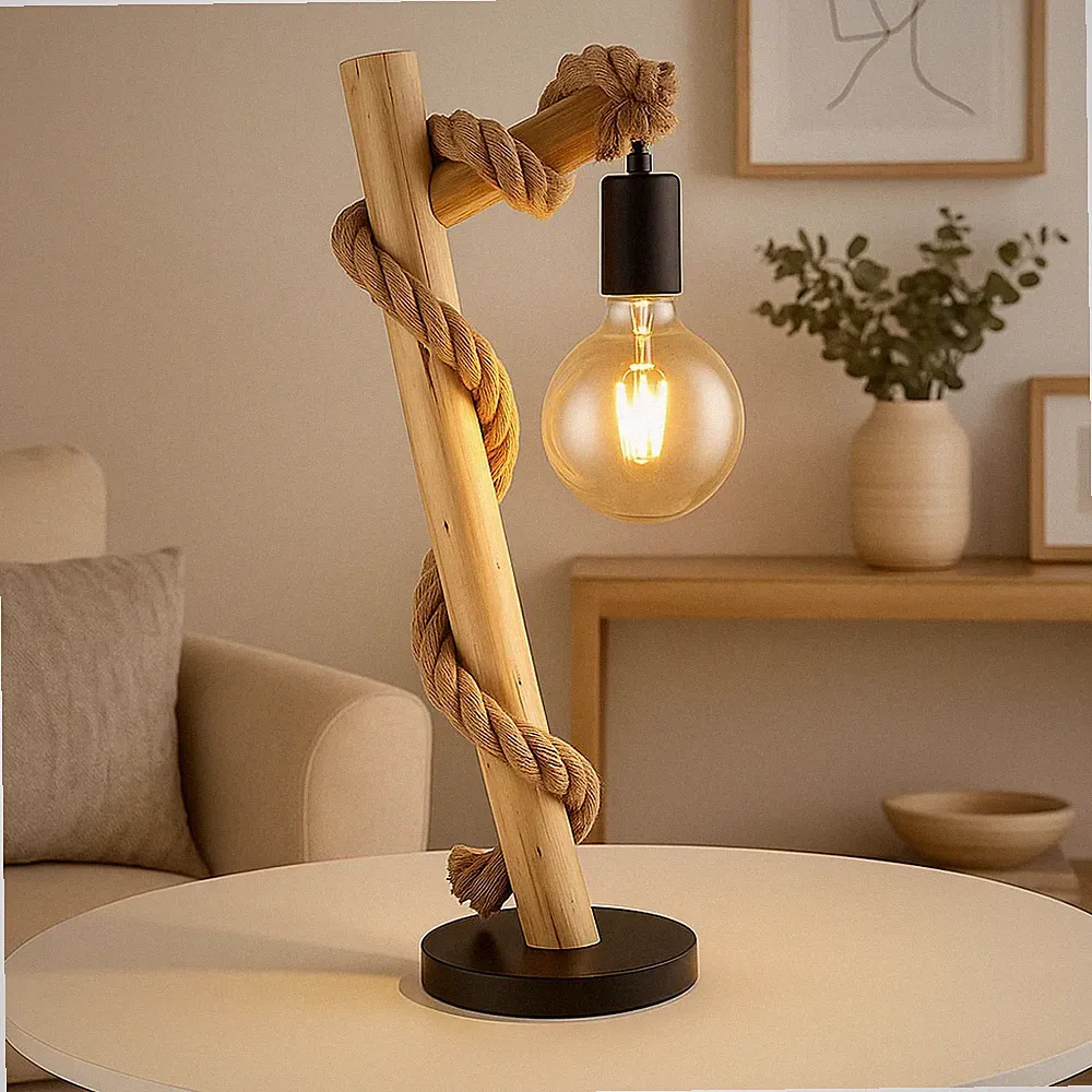 Tischlampe Tischleuchte Holzlampe Schlafzimmerleuchte Hanfseil braun H 53,5 cm