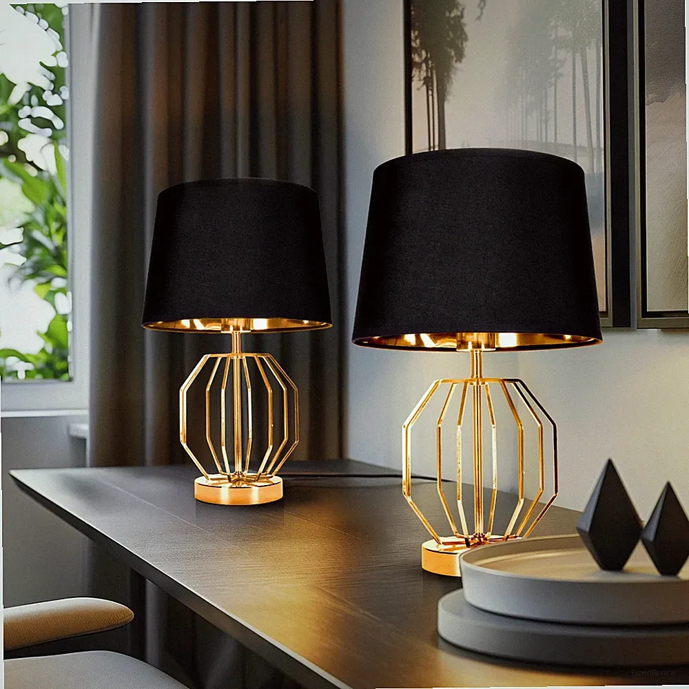 Tischlampen 2er Set Schwarz Gold Industrial Modern Textilschirm E27 Tischleuchte