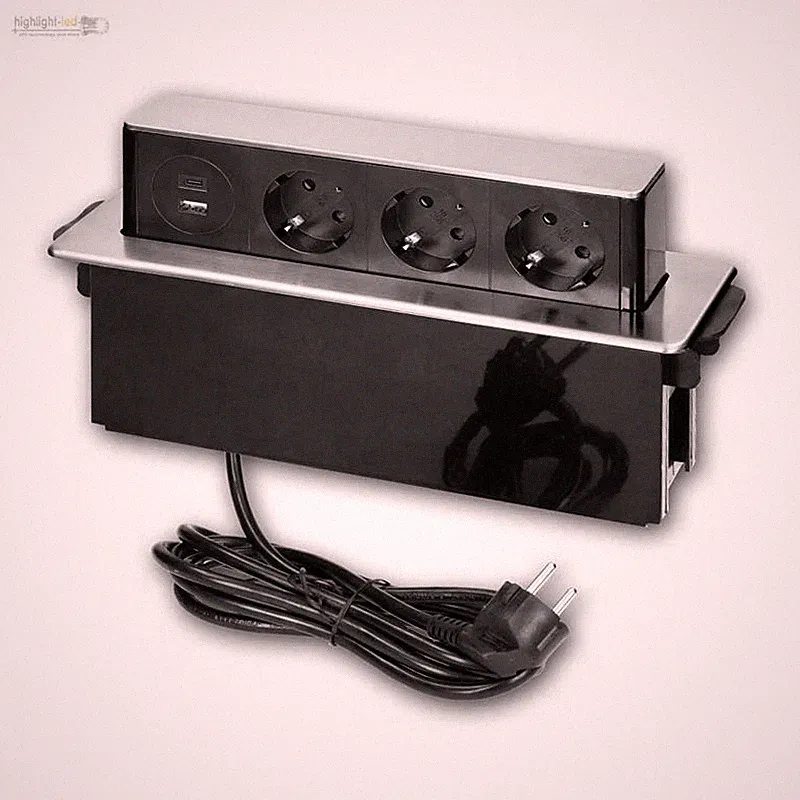versenkbare 3-fach Tisch-Einbau-Steckdose 230V + 2xUSB, Edelstahlabdeckung