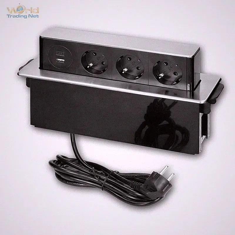 versenkbare Tisch-Einbau-Steckdose 3-fach 230V + 2xUSB, Edelstahlabdeckung