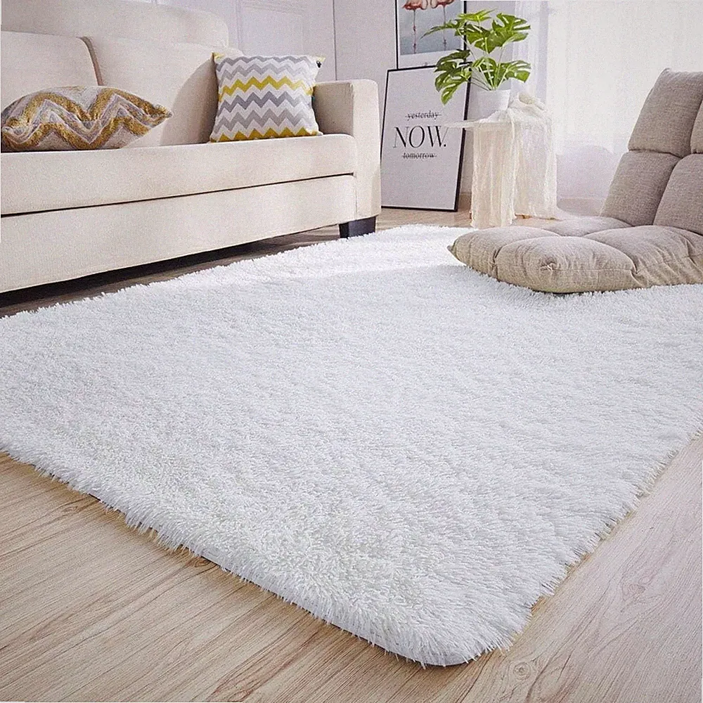 Weißer Hochflor-Teppich Wohnzimmer Schlafzimmer Weich Rutschfest 135x185 cm