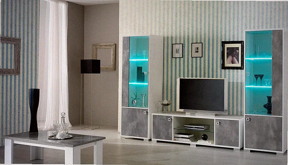 Wohnwand Doppel Vitrine Konsole TV-Tisch Schrankwand Glasvitrinen Wohnzimmer