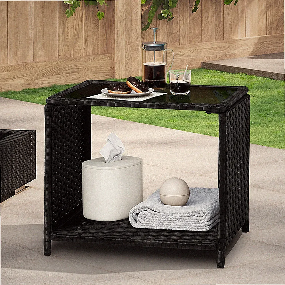 WOLTU Gartentisch Polyrattan Balkontisch wetterfest Beistelltisch mit Glasplatte