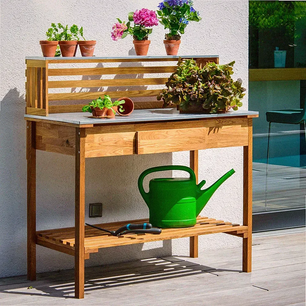 XXL Pflanztisch mit Ablage Gärtnertisch Premium Blumentisch Gartentisch Eiche