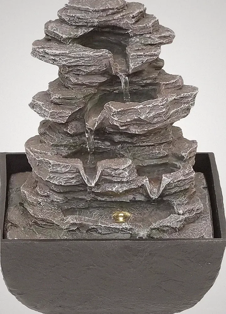 Zimmerbrunnen mit LED Tischbrunnen Wasserspiel mit Deko Steingarten 13,5 x 18 cm